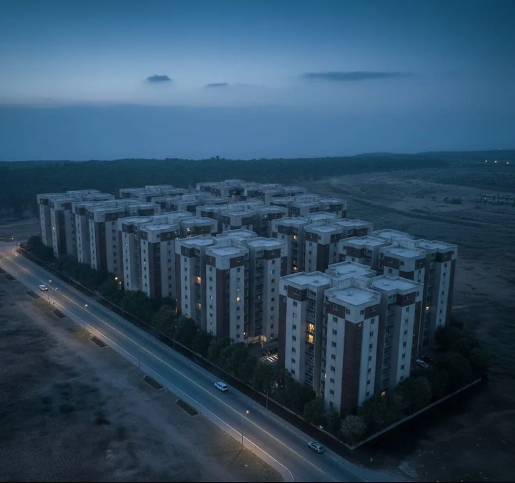 An aerial view of the Kisakasaka C residential development at blue hour